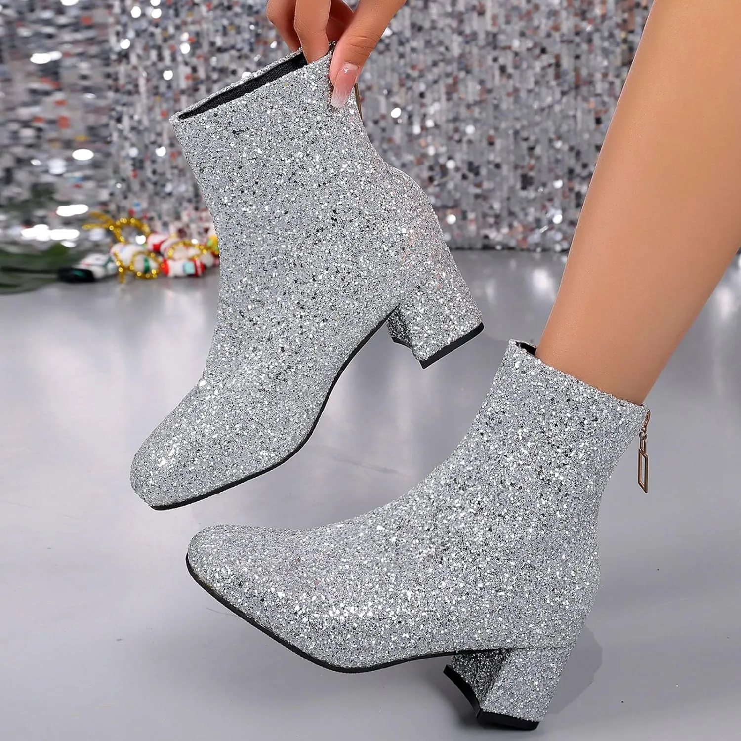 Sinzelimin Ankle Boots for Women's Trendy Flash Party Shoes Chunky Heel Round Toe Back Zipper Wide Mid Calf Cowboy Booties