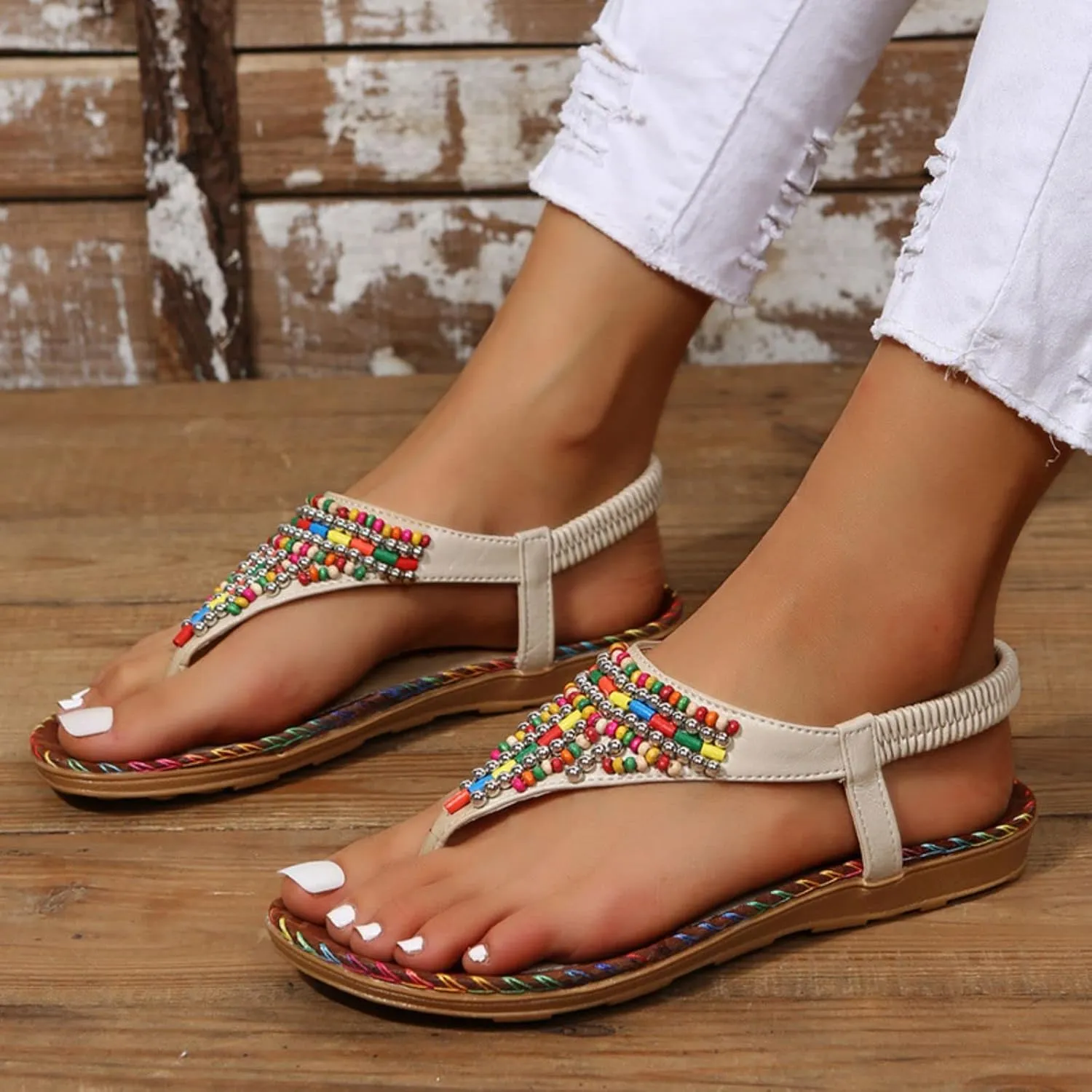 Smoneyful Women's Sandals Colorful Beaded Bohemian Elastic Ankle Strap Flat Thong Flip Flops Dressy Casual Slip On Summer Beach Roman Pearled Sandals