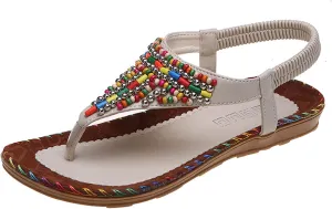 Smoneyful Women's Sandals Colorful Beaded Bohemian Elastic Ankle Strap Flat Thong Flip Flops Dressy Casual Slip On Summer Beach Roman Pearled Sandals