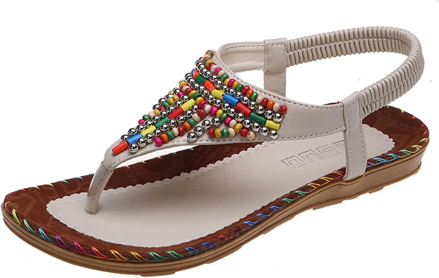 Smoneyful Women's Sandals Colorful Beaded Bohemian Elastic Ankle Strap Flat Thong Flip Flops Dressy Casual Slip On Summer Beach Roman Pearled Sandals