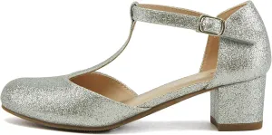 Soda Bluff-2 Kids/Children/Girls Fashion Sparkly Bling Glitter Classic T-Strap Mary Jane Block Heel Rounded Shoes