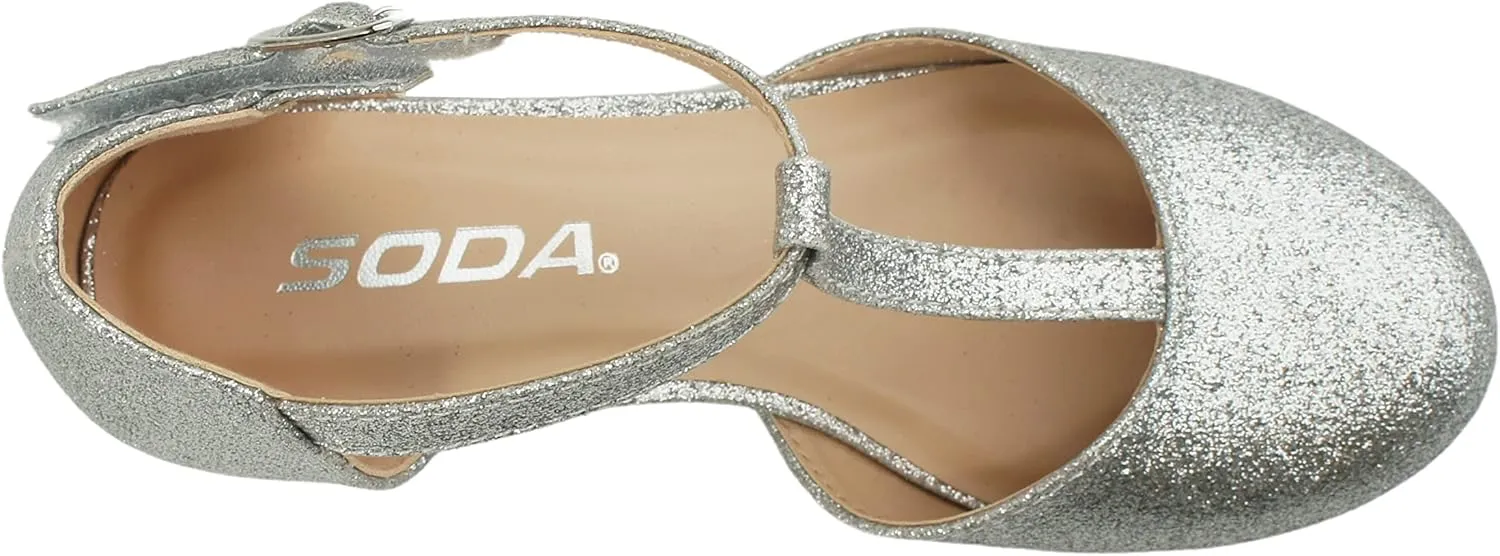 Soda Bluff-2 Kids/Children/Girls Fashion Sparkly Bling Glitter Classic T-Strap Mary Jane Block Heel Rounded Shoes