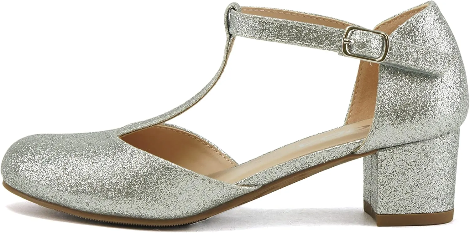 Soda Bluff-2 Kids/Children/Girls Fashion Sparkly Bling Glitter Classic T-Strap Mary Jane Block Heel Rounded Shoes