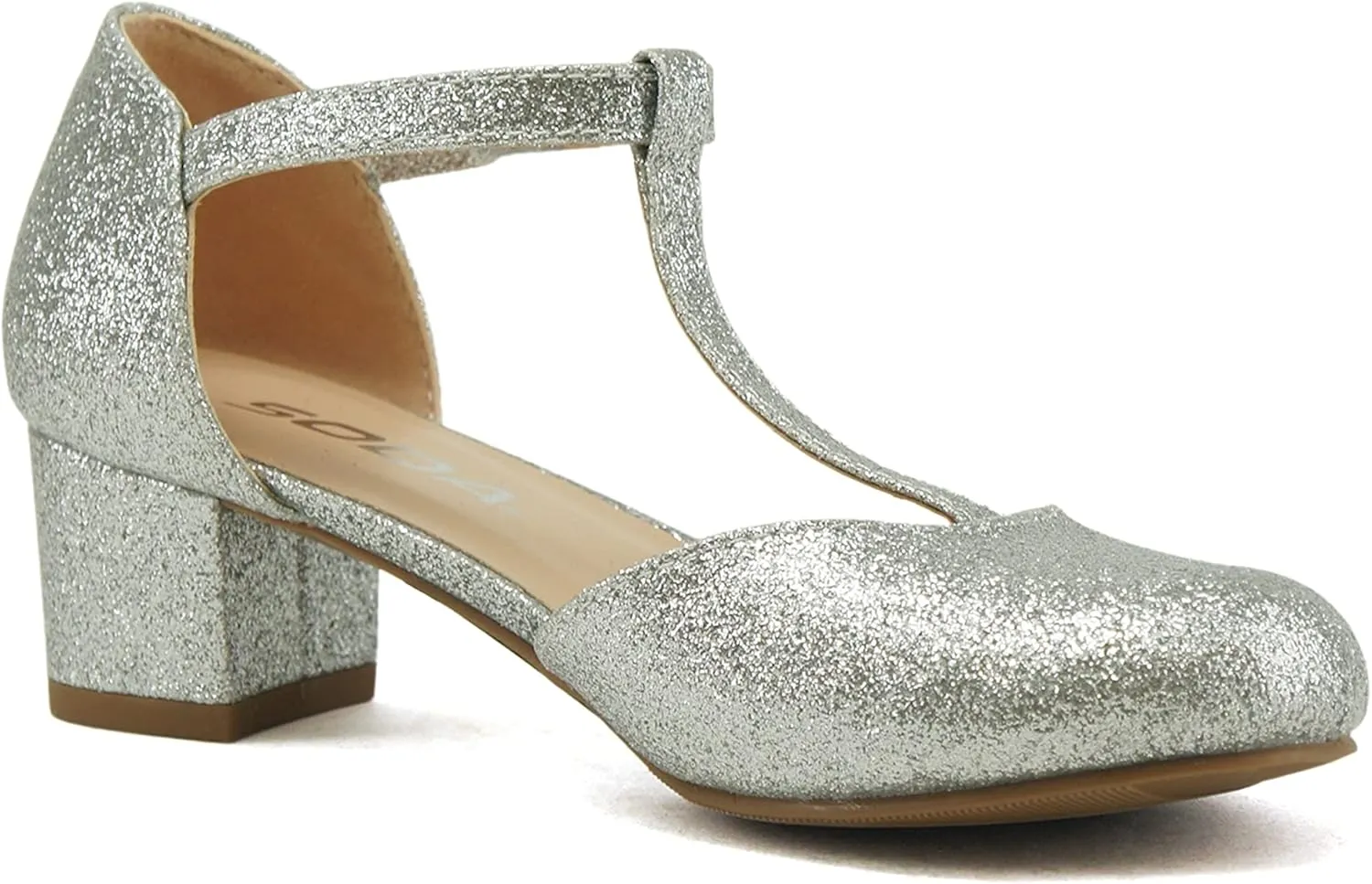 Soda Bluff-2 Kids/Children/Girls Fashion Sparkly Bling Glitter Classic T-Strap Mary Jane Block Heel Rounded Shoes