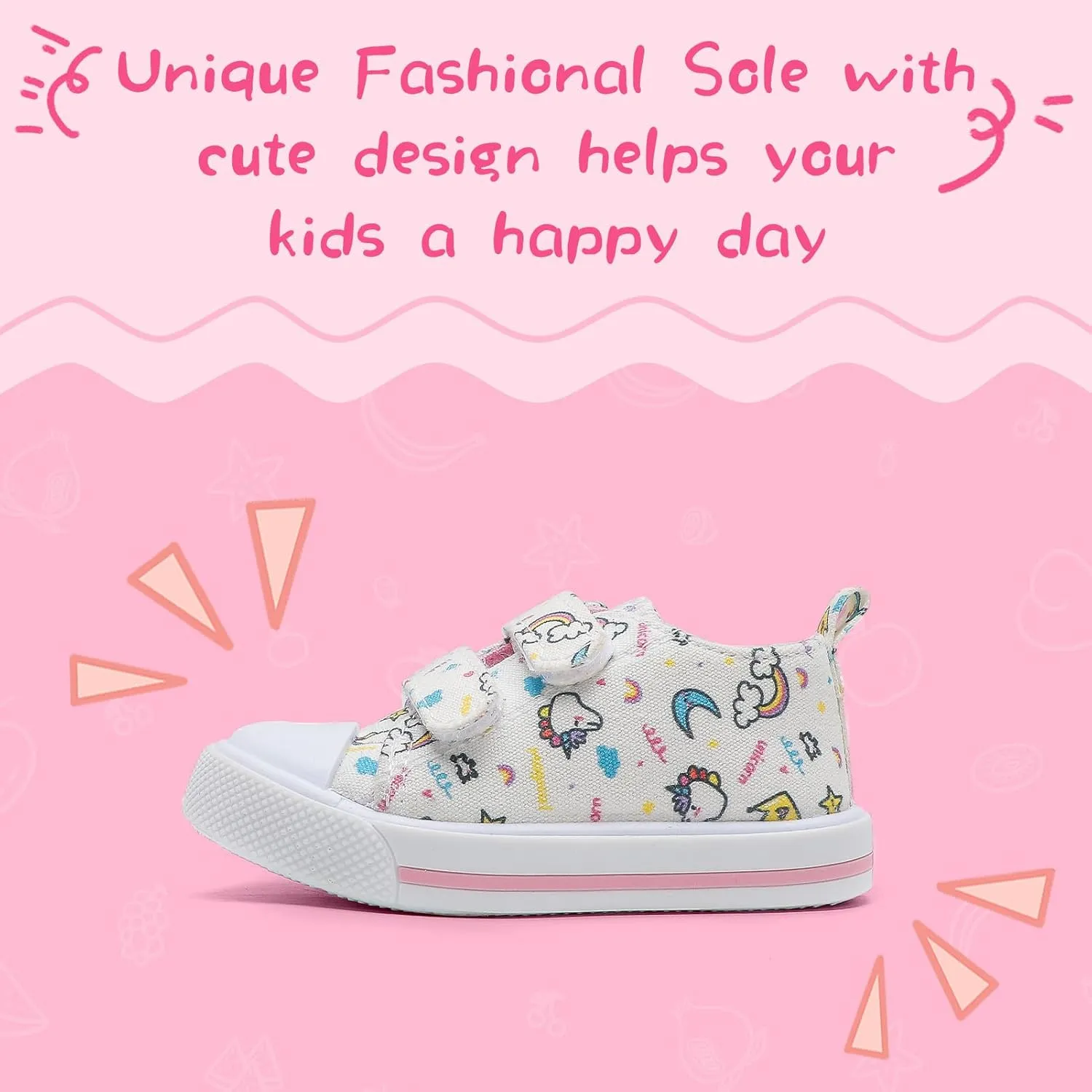 Toddler Girls Boys Shoes Kids Canvas Sneakers with Cartoon Print Adjustable Velcro Strap