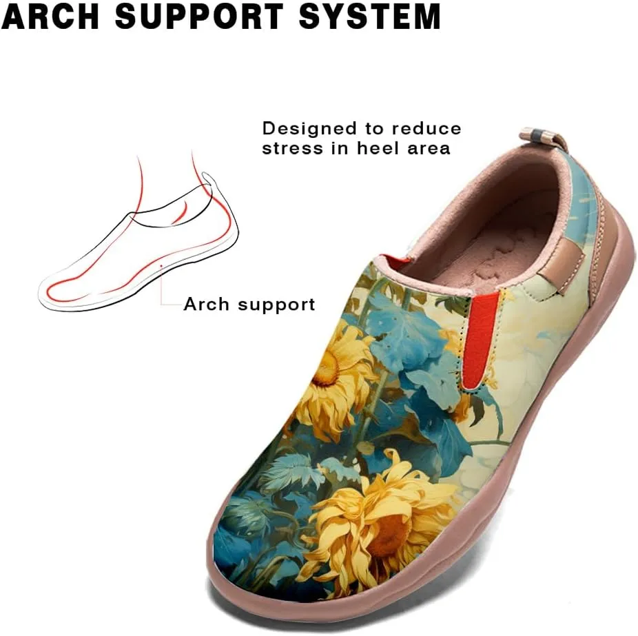 Walking Shoes for Women Slip Ons Casual Leather Loafers Comfortable Art Painted Travel Sneaker Sunflowers
