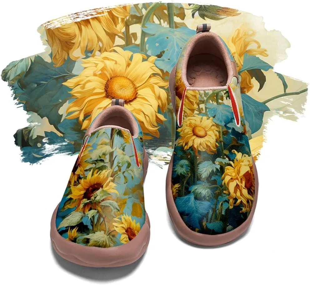 Walking Shoes for Women Slip Ons Casual Leather Loafers Comfortable Art Painted Travel Sneaker Sunflowers