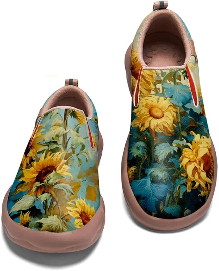Walking Shoes for Women Slip Ons Casual Leather Loafers Comfortable Art Painted Travel Sneaker Sunflowers