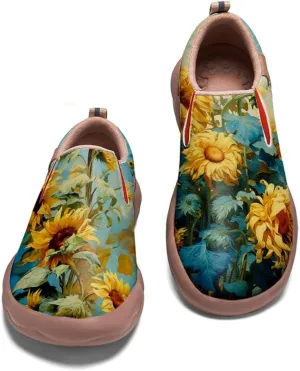 Walking Shoes for Women Slip Ons Casual Leather Loafers Comfortable Art Painted Travel Sneaker Sunflowers