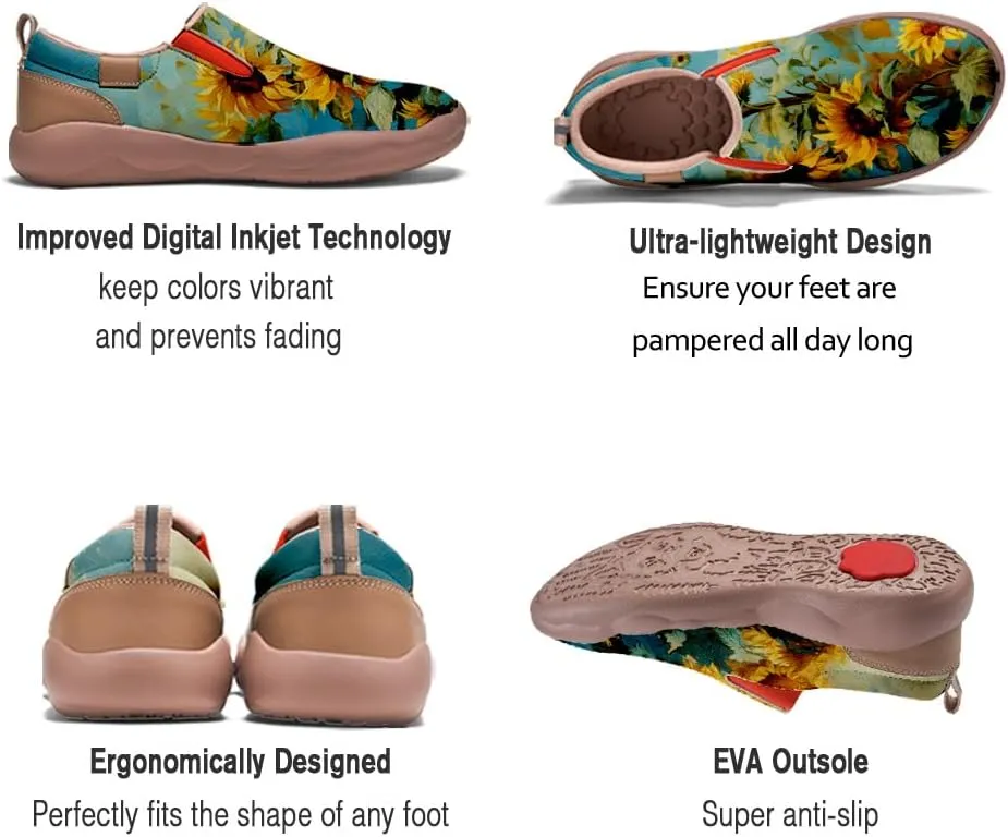 Walking Shoes for Women Slip Ons Casual Leather Loafers Comfortable Art Painted Travel Sneaker Sunflowers