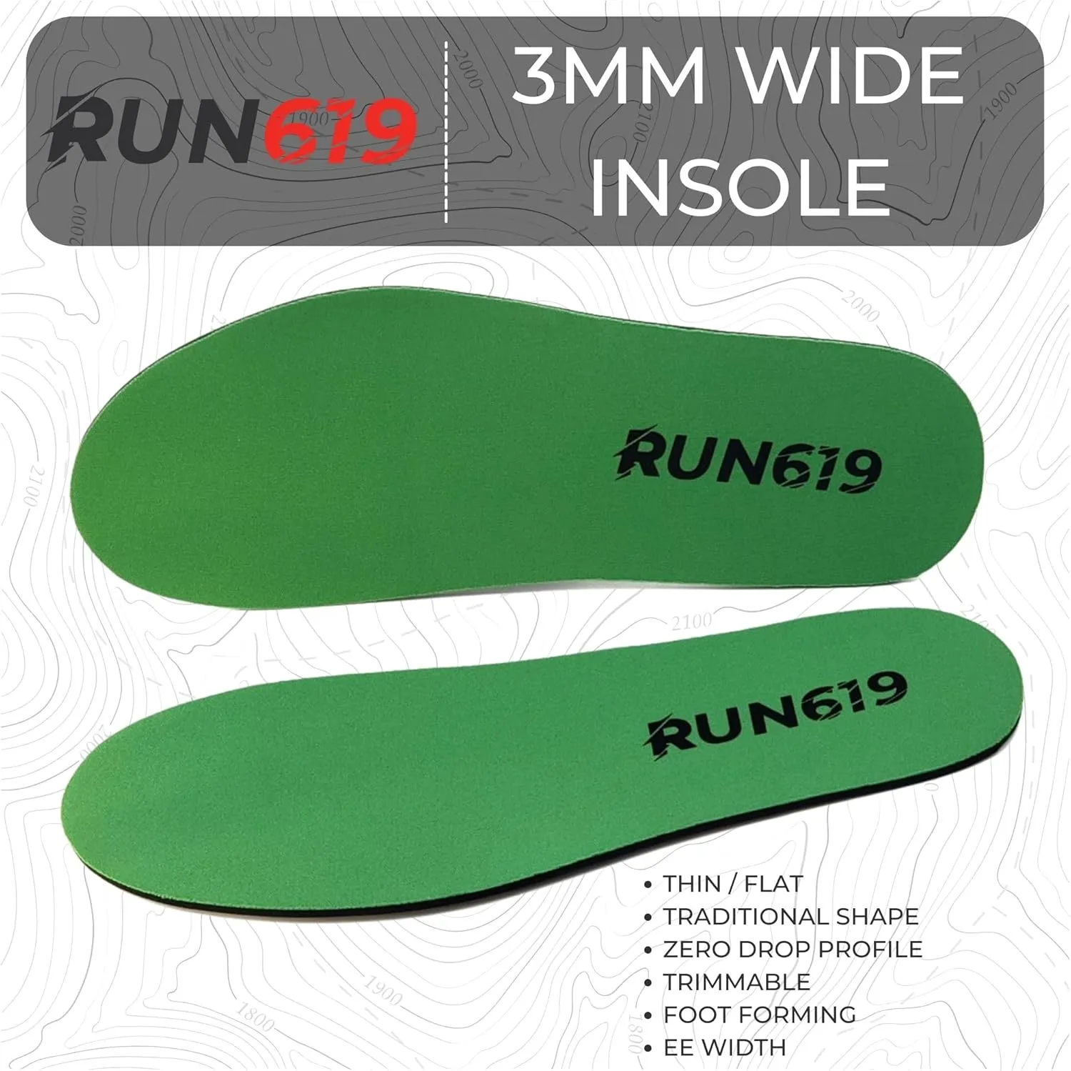 Wide Run 619 Shoe Insoles - Zero Drop Profile, Traditional Shape, Foot Forming, Wide Width - Thin, Firm, Flat Shoe Inserts - Men's Size 15