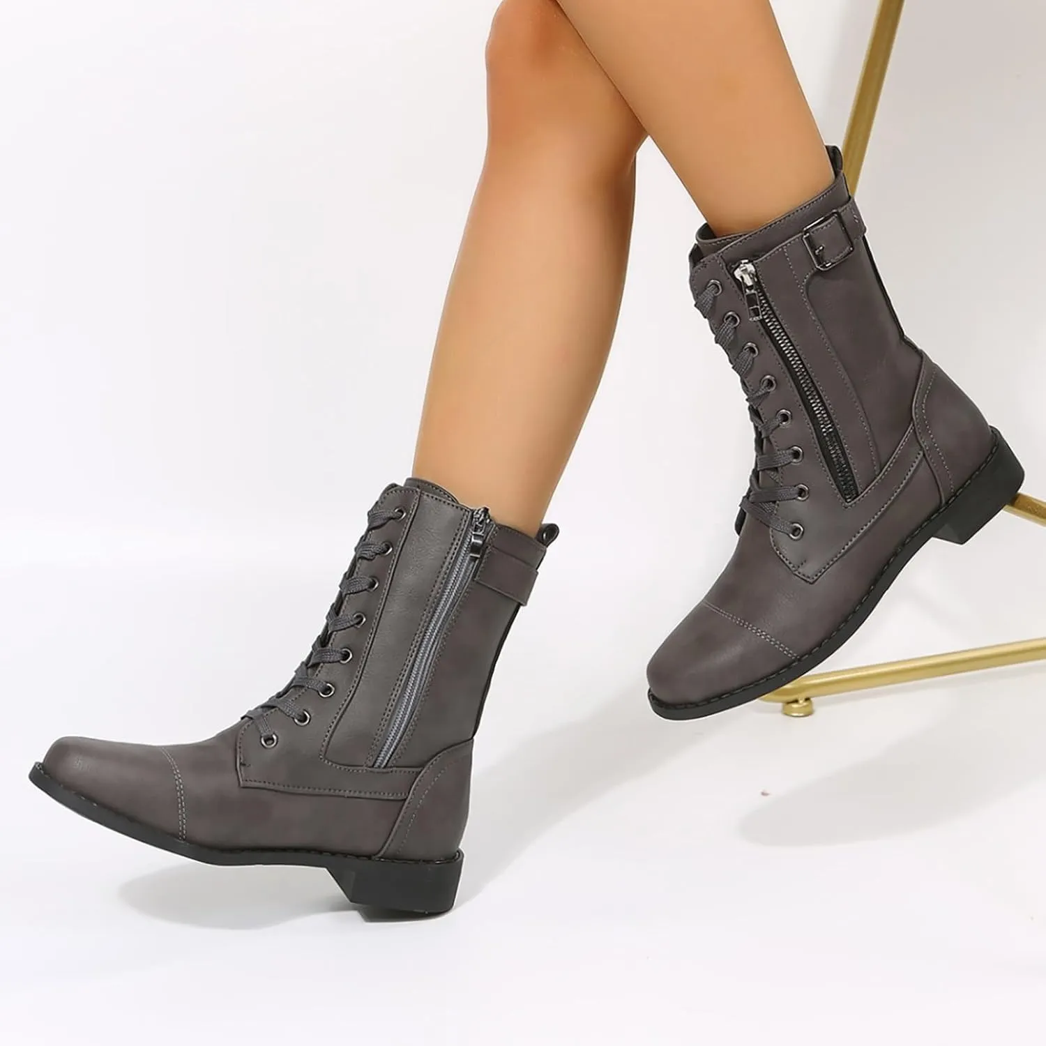 Women Bootie Mid Calf Fashion Dressy Boots for Women Solid Color Side Zipper Low and Square Heels Mid Calf Boots