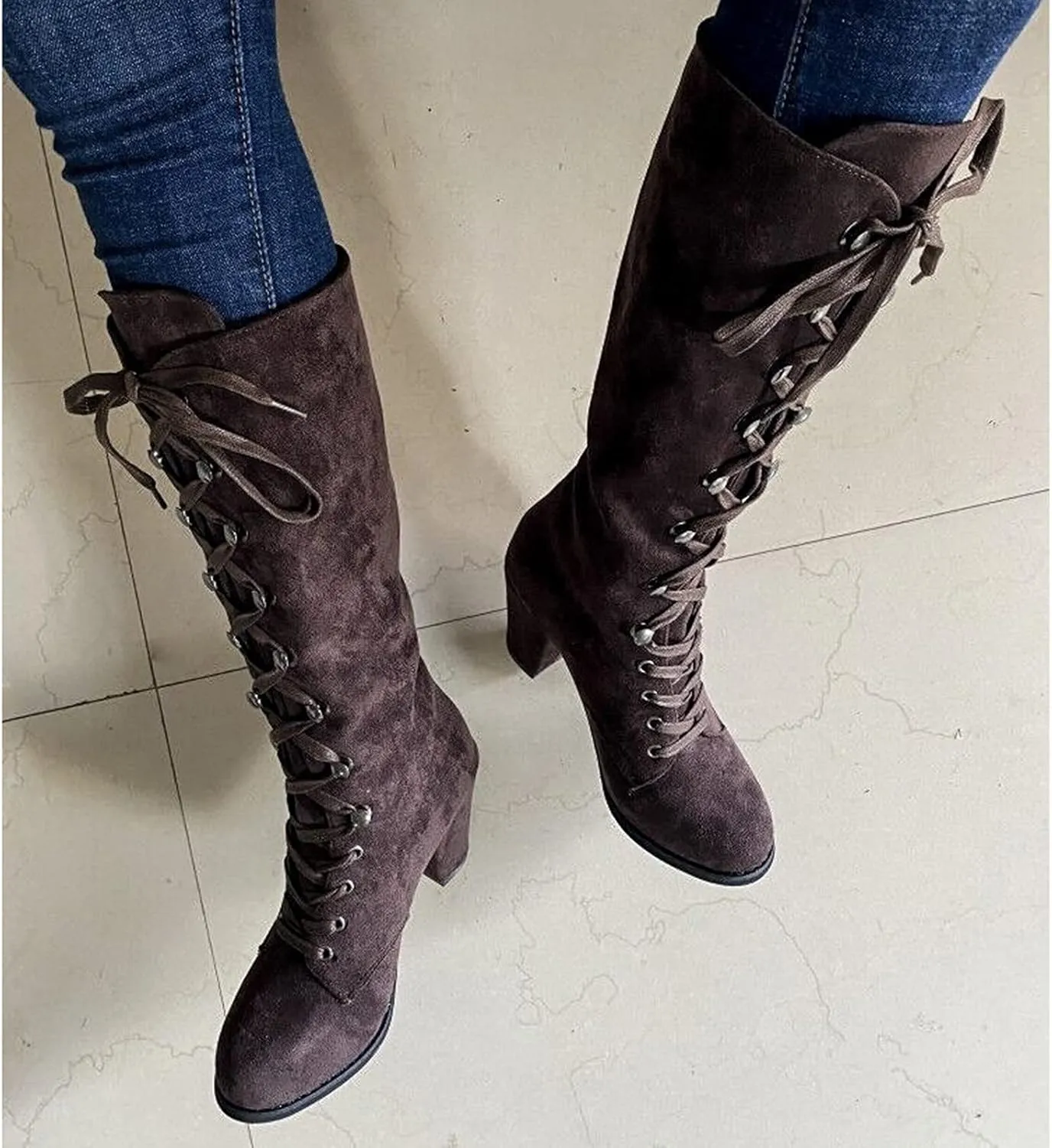 Women Knee High Chunky Heel Boots Casual Knee High Boots for Women Chunky Heel Lace up Pointed Toe Western Women Boot