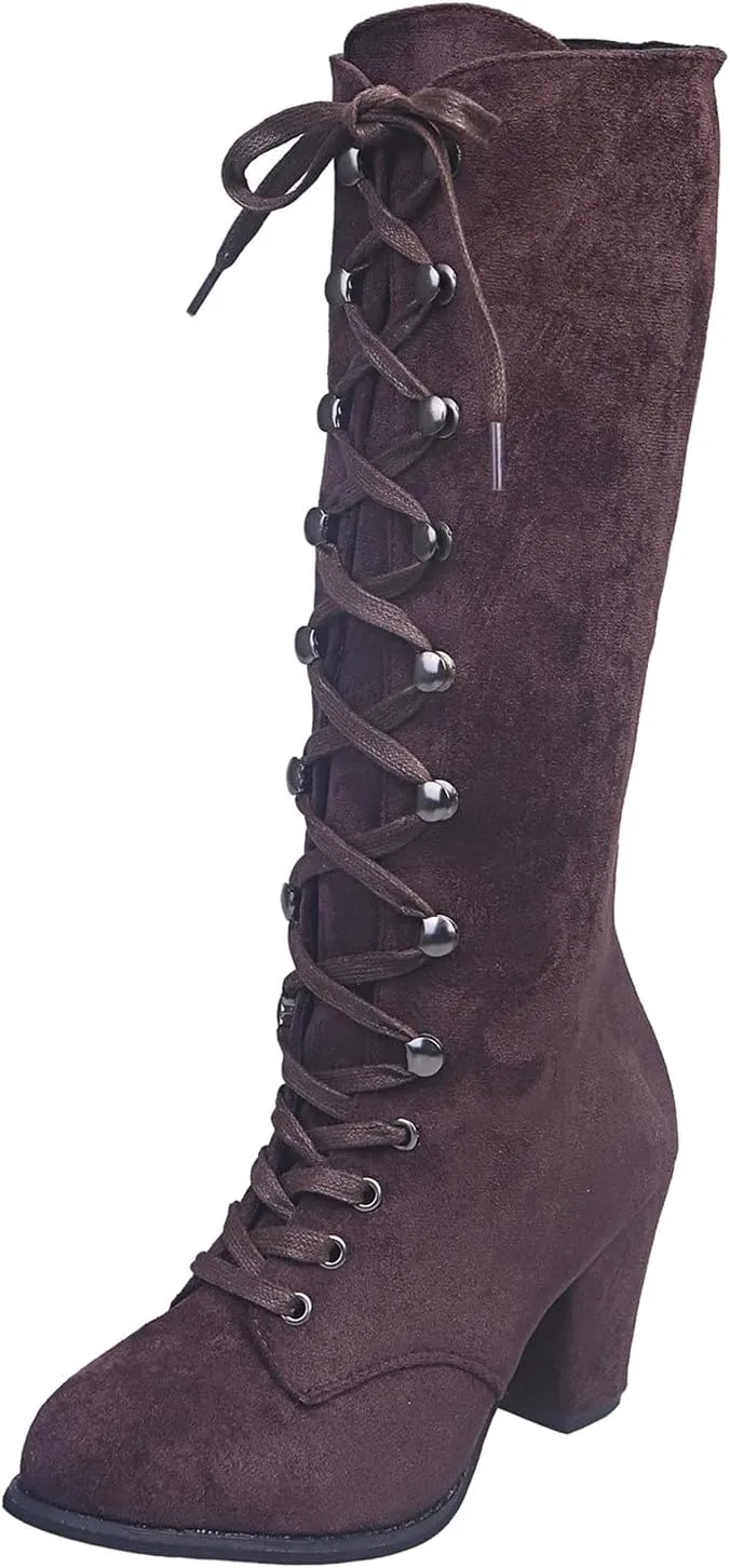 Women Knee High Chunky Heel Boots Casual Knee High Boots for Women Chunky Heel Lace up Pointed Toe Western Women Boot