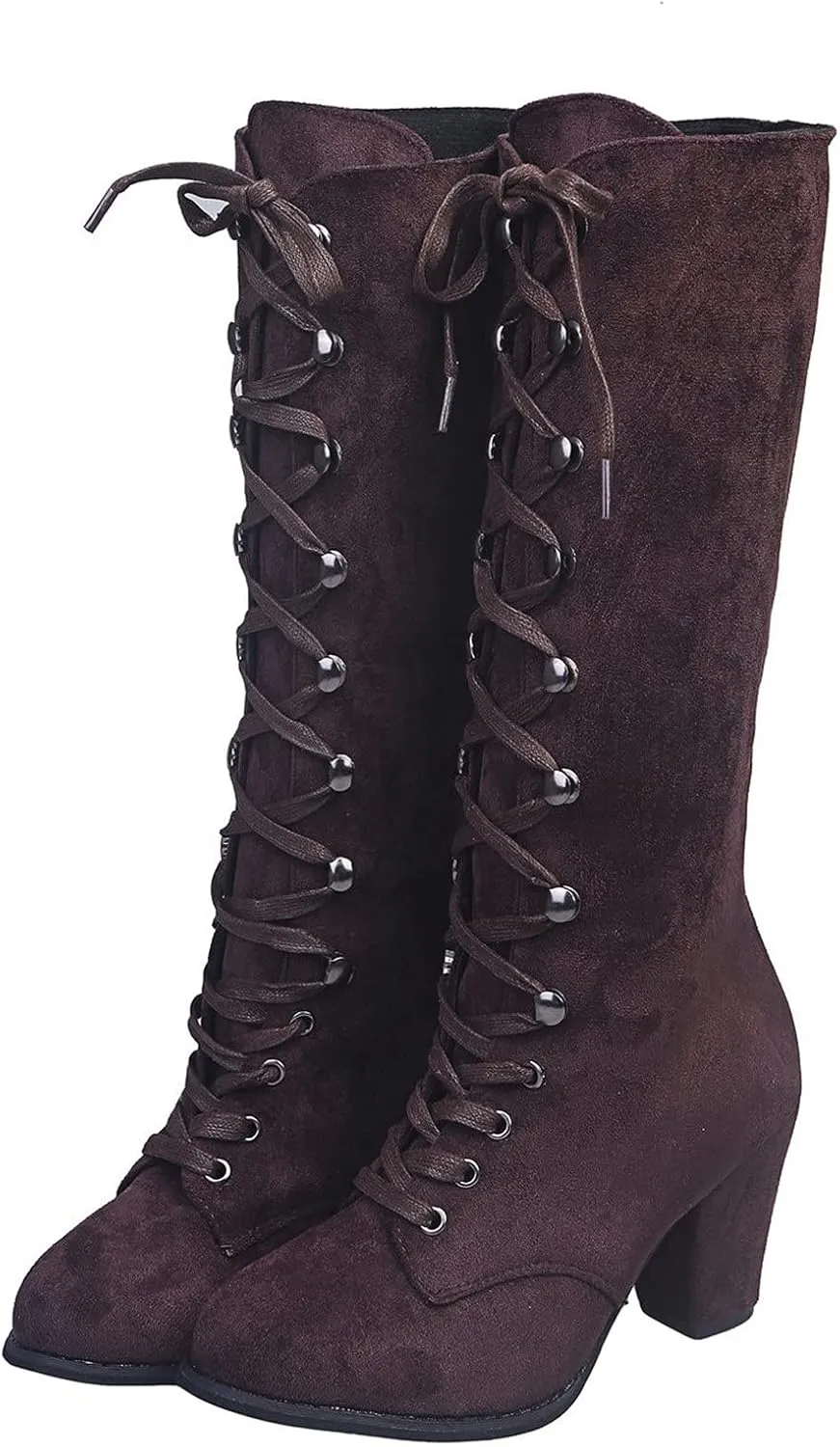 Women Knee High Chunky Heel Boots Casual Knee High Boots for Women Chunky Heel Lace up Pointed Toe Western Women Boot