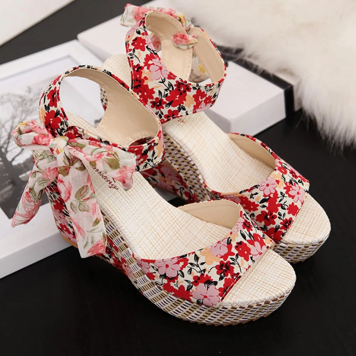 Women Platform Espadrille Wedge Sandals, Floral Printed Slingback, Chunky Heels Dressy with Lace Knot Ankle Strap, Open Toe Comfortable Summer Fashion