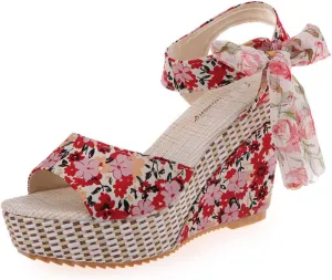 Women Platform Espadrille Wedge Sandals, Floral Printed Slingback, Chunky Heels Dressy with Lace Knot Ankle Strap, Open Toe Comfortable Summer Fashion