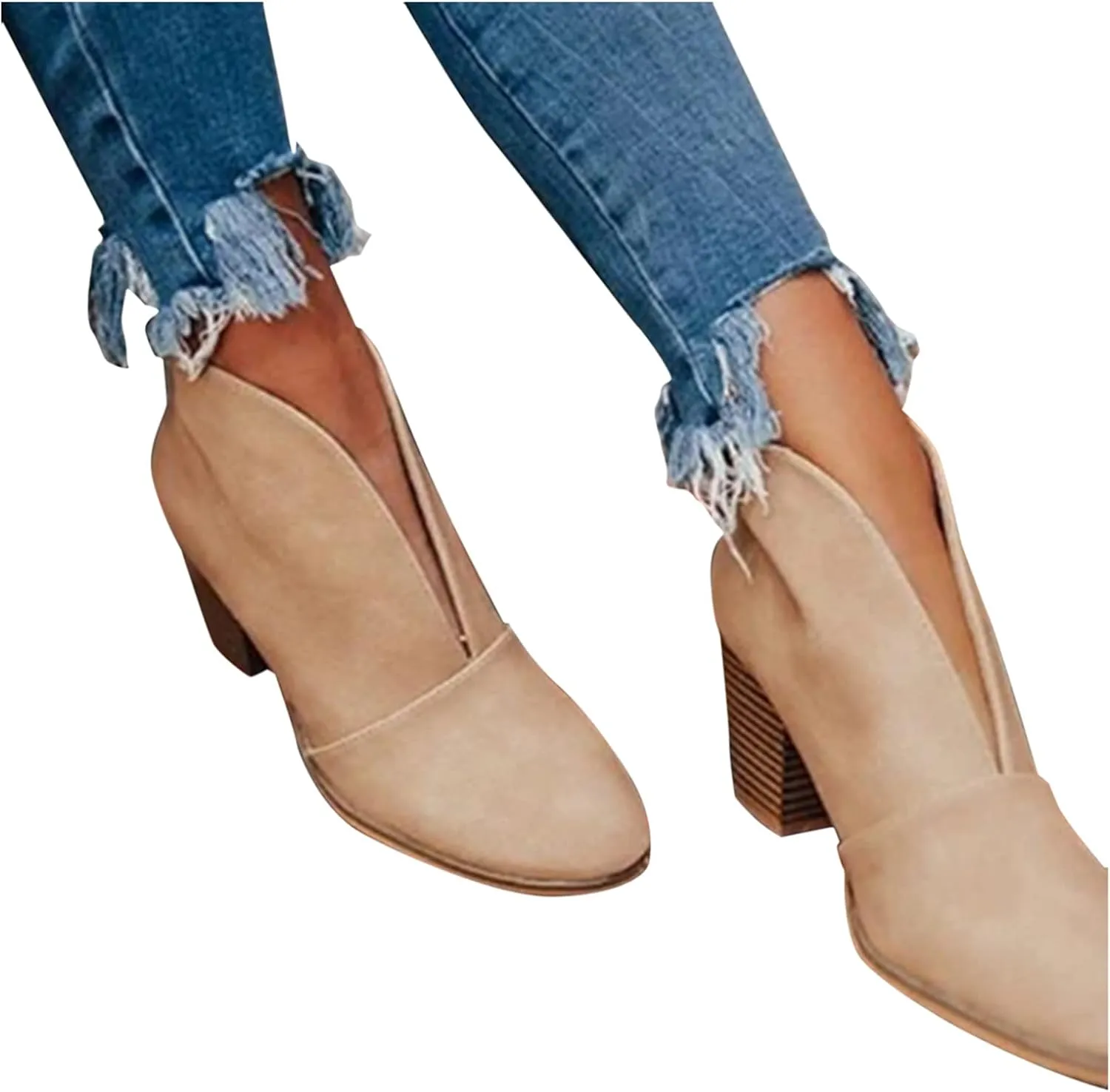 Womens Ankle Boots Wide Width,Vintage Front Deep V Cut Short Booties Casual Pull On Fall Boots Mid Chunky Heels Shoes