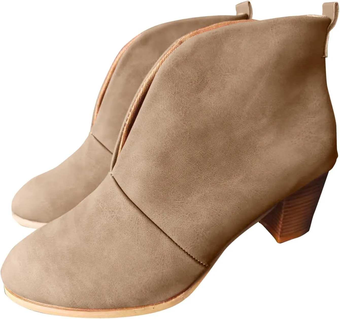 Womens Ankle Boots Wide Width,Vintage Front Deep V Cut Short Booties Casual Pull On Fall Boots Mid Chunky Heels Shoes