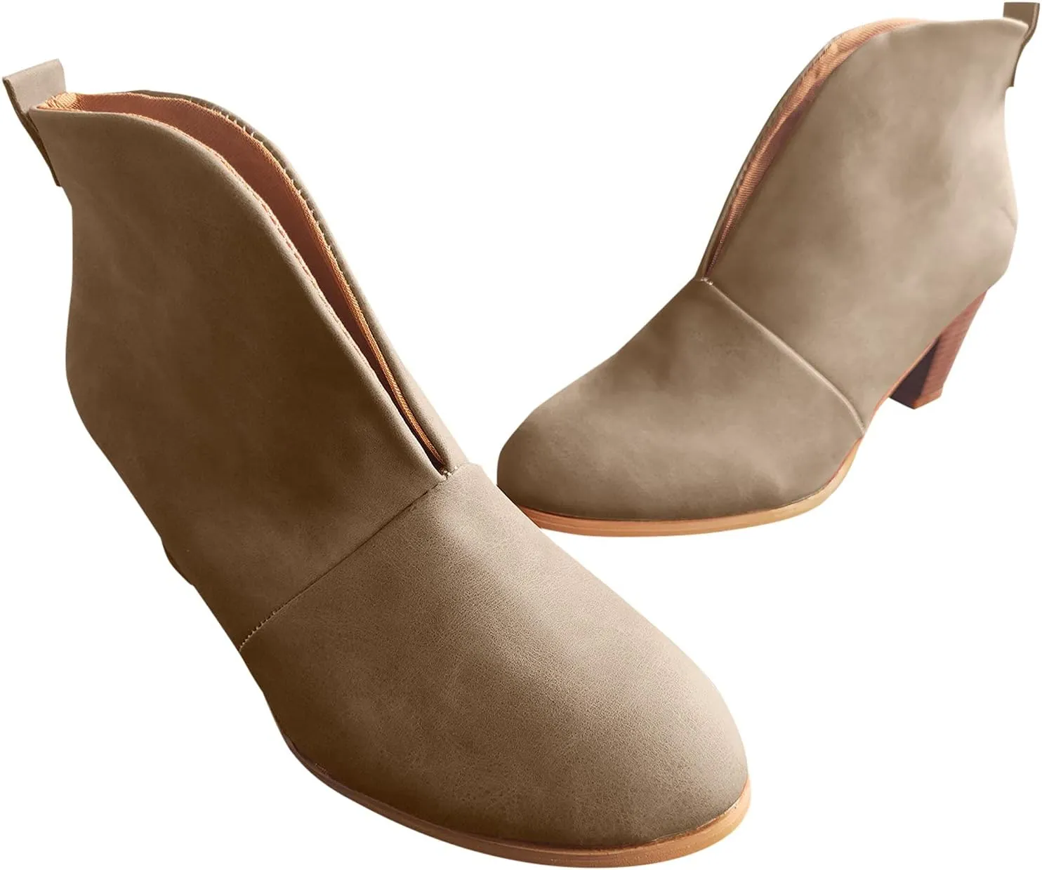Womens Ankle Boots Wide Width,Vintage Front Deep V Cut Short Booties Casual Pull On Fall Boots Mid Chunky Heels Shoes