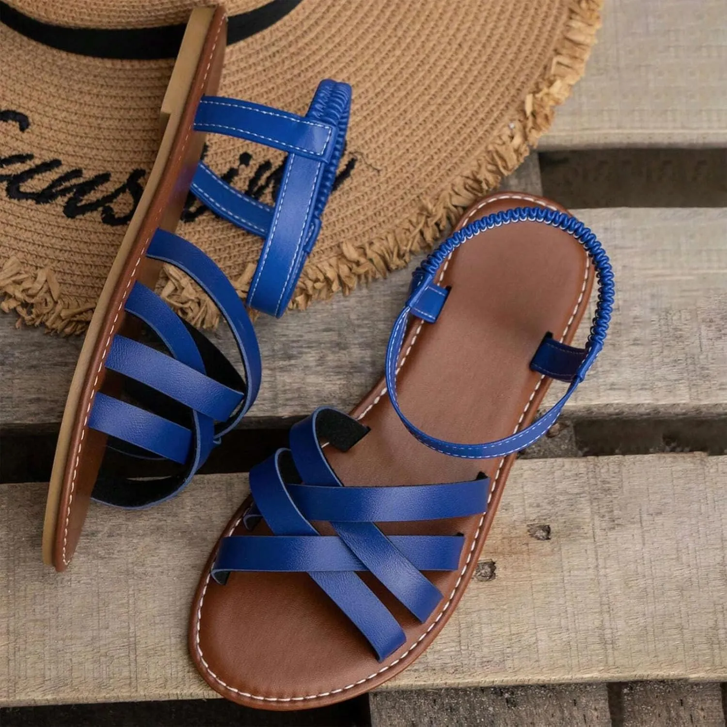 Women's Braided Strappy Casual Sandal High Elastic Ankle Strap Shoe Rubber Sole Solid Summer Comfy Beach Flat