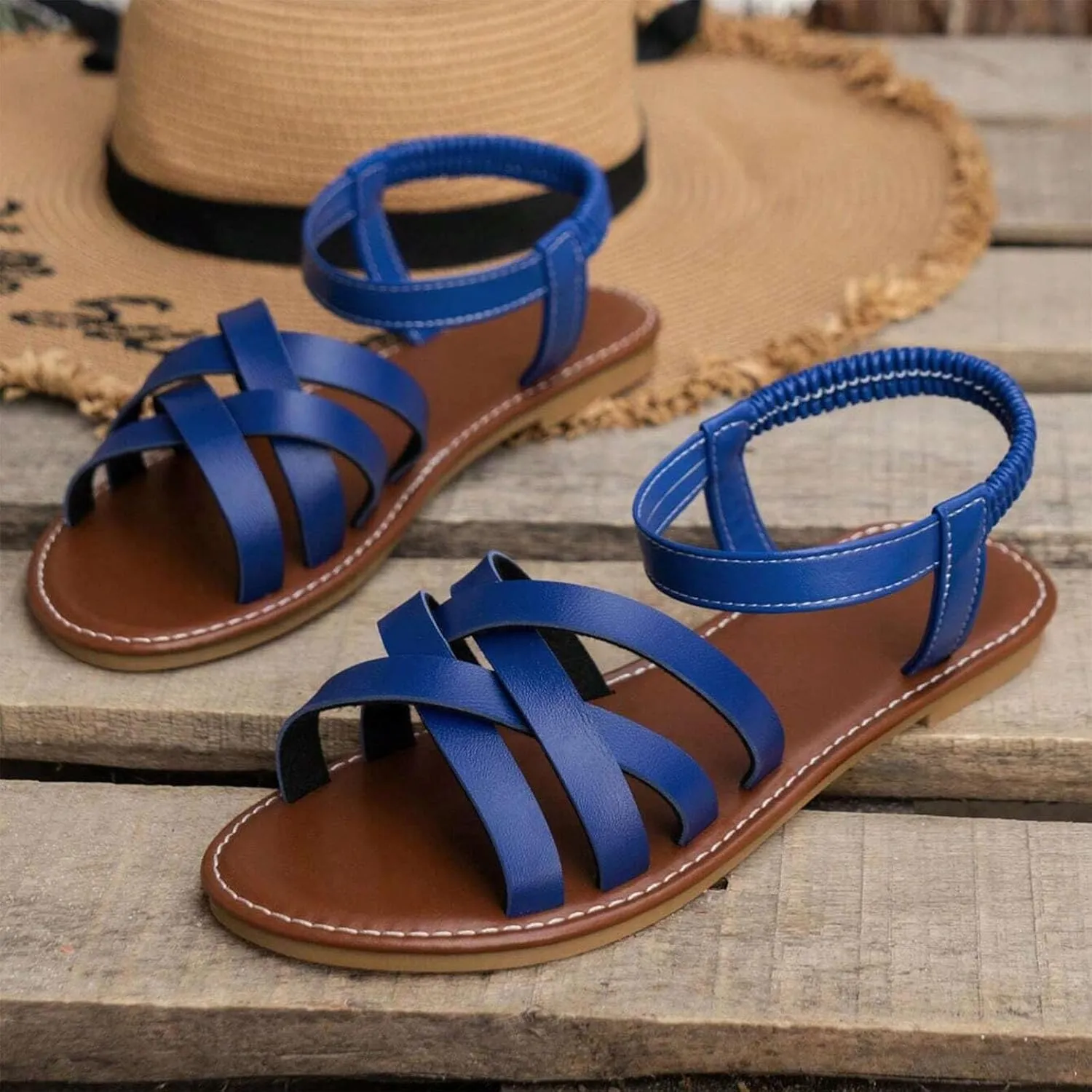 Women's Braided Strappy Casual Sandal High Elastic Ankle Strap Shoe Rubber Sole Solid Summer Comfy Beach Flat