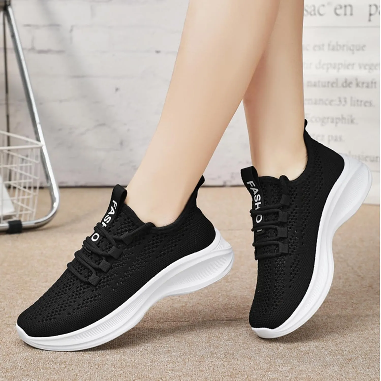 Women's Breathable Elastic Fly Woven Mesh Shoes Non Slip Cushion Fashion Running Tennis Shoes Labor Work Shoe