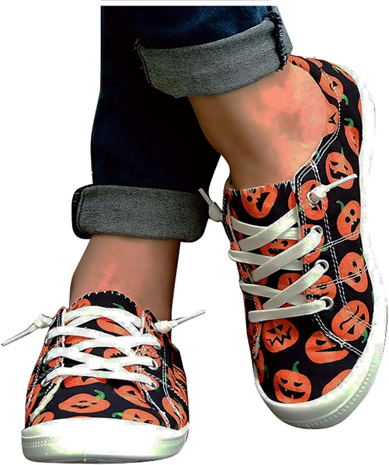 Women's Canvas Shoes,Halloween Pumpkin Ghost Print Flat Sports Shoes for Women Breathable Women's Shoes