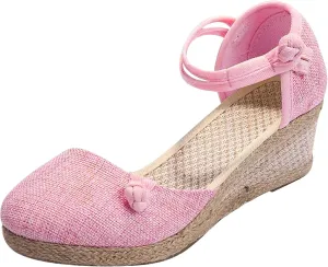 Women's Chinese Style Buckle Sandals Stretch Double Spaghetti Strap Shoe Solid Braided Wedge Sandal Comfy High Heel