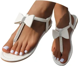 Women's Comfy Flip Flops Sandals 2025 Wide Width Round Toe Rhinestone Bow T-Band Elastic Ankle Strap Slides Summer Comfy Non-Slip Beach Slippers Dress Shoes for Outdoor Indoor