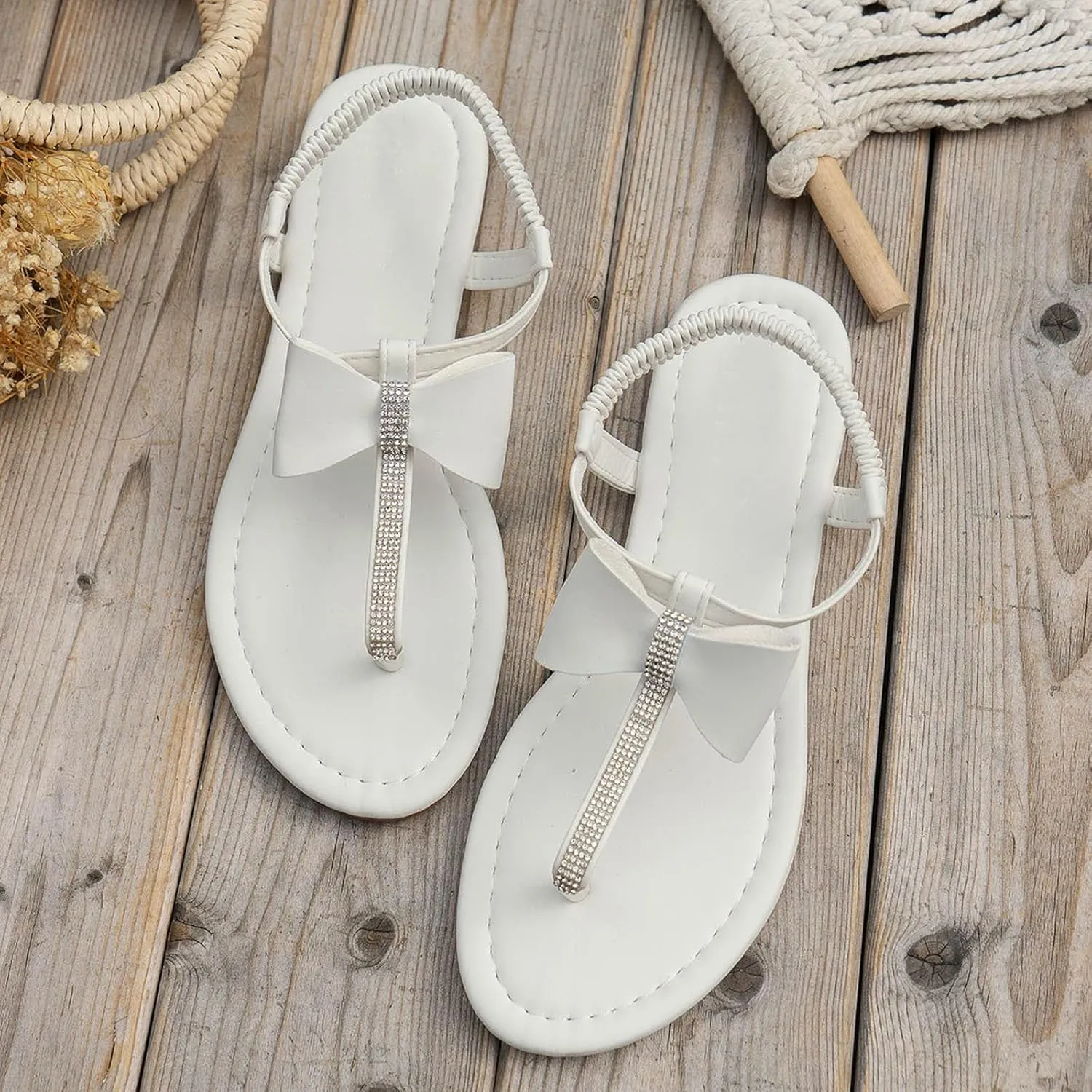 Women's Comfy Flip Flops Sandals 2025 Wide Width Round Toe Rhinestone Bow T-Band Elastic Ankle Strap Slides Summer Comfy Non-Slip Beach Slippers Dress Shoes for Outdoor Indoor