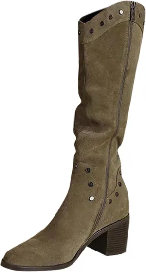 Women's Fall And Winter Fashion Pointed Solid Color Suede Side Zipper Knee High Boots Women Short Cowboy Boots