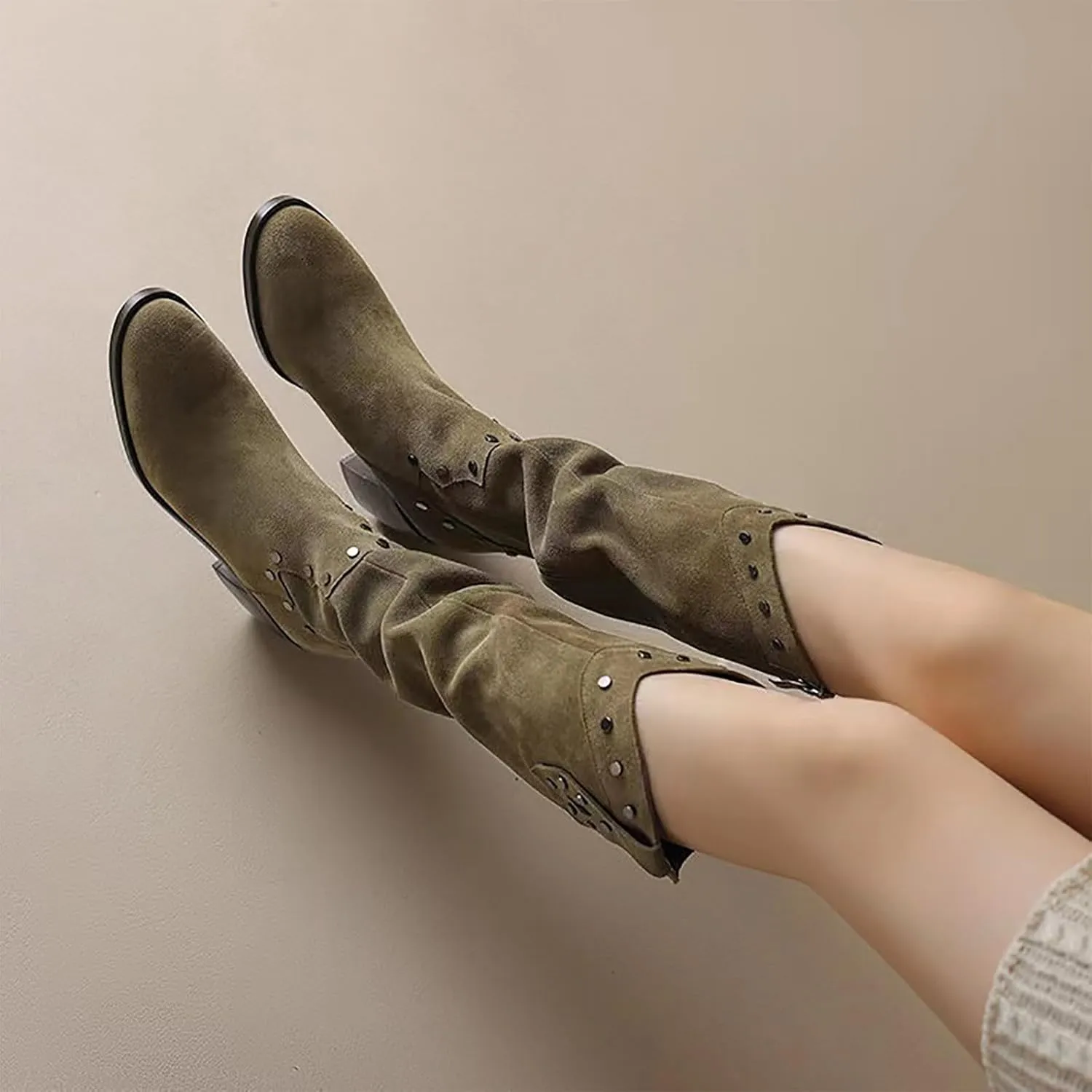 Women's Fall And Winter Fashion Pointed Solid Color Suede Side Zipper Knee High Boots Women Short Cowboy Boots