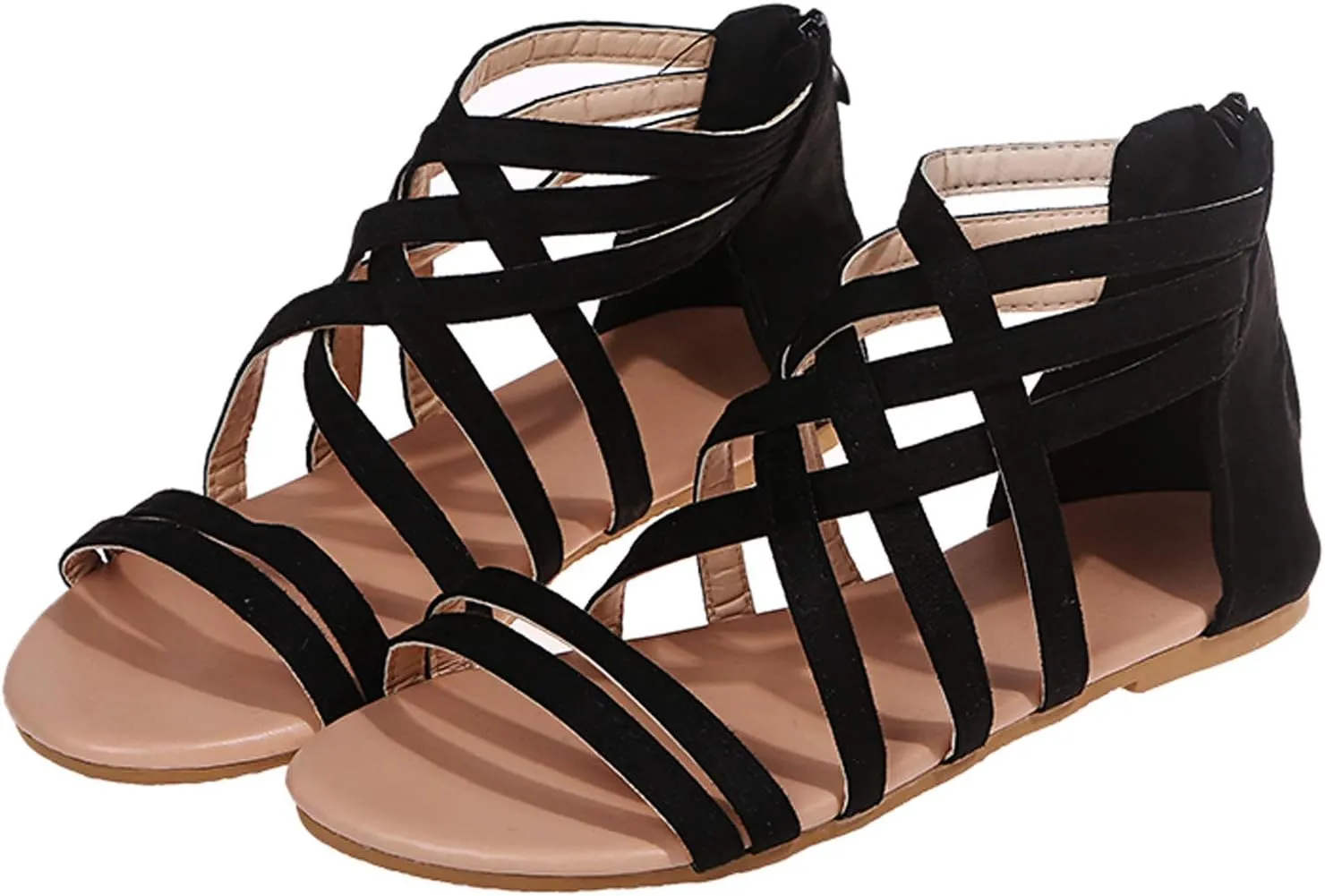 Women's Gladiator Sandals Summer Flat Thong Cross Strappy Sandals, Sandals Women Dressy Roman Shoes with Zipper Casual Sandals Comfortable