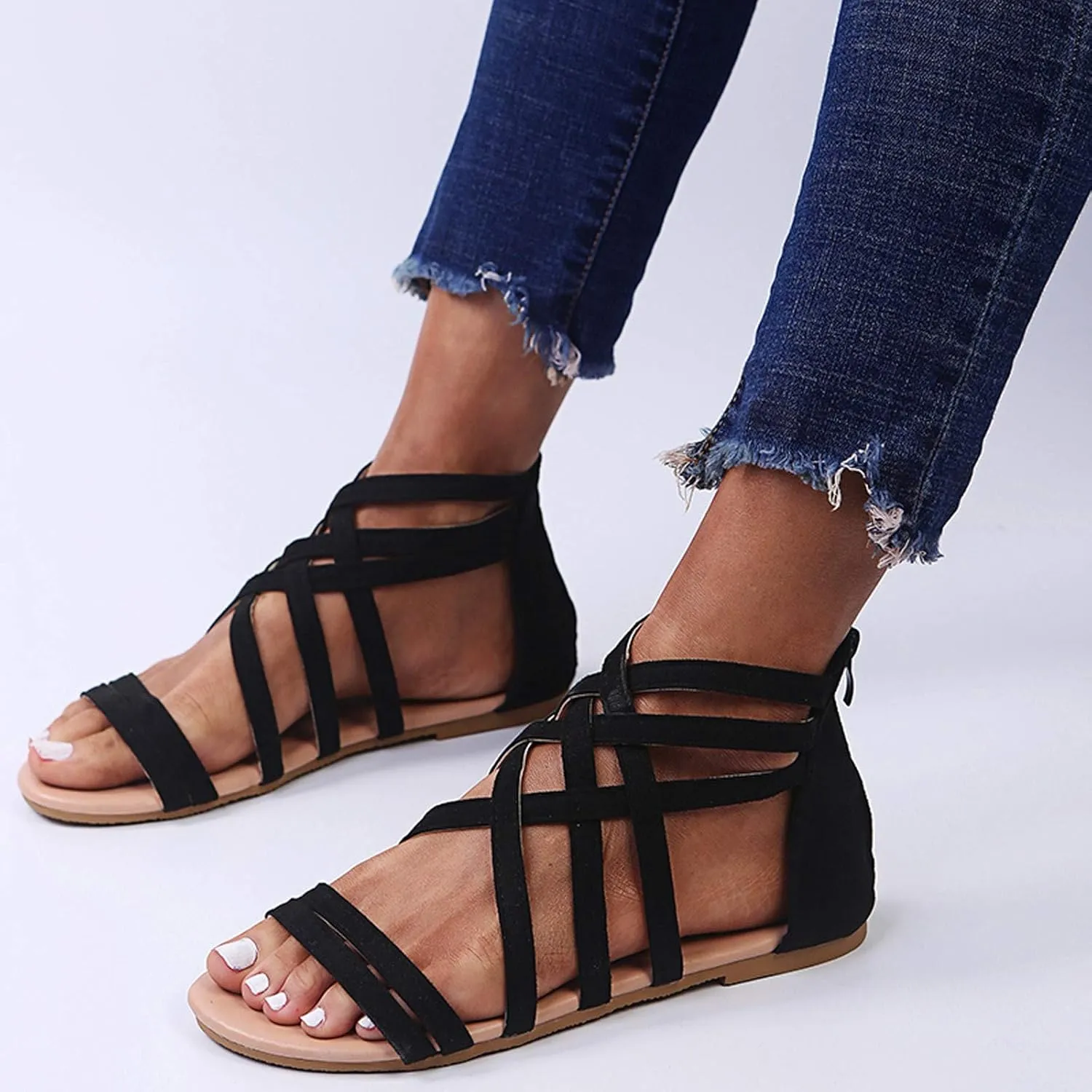 Women's Gladiator Sandals Summer Flat Thong Cross Strappy Sandals, Sandals Women Dressy Roman Shoes with Zipper Casual Sandals Comfortable
