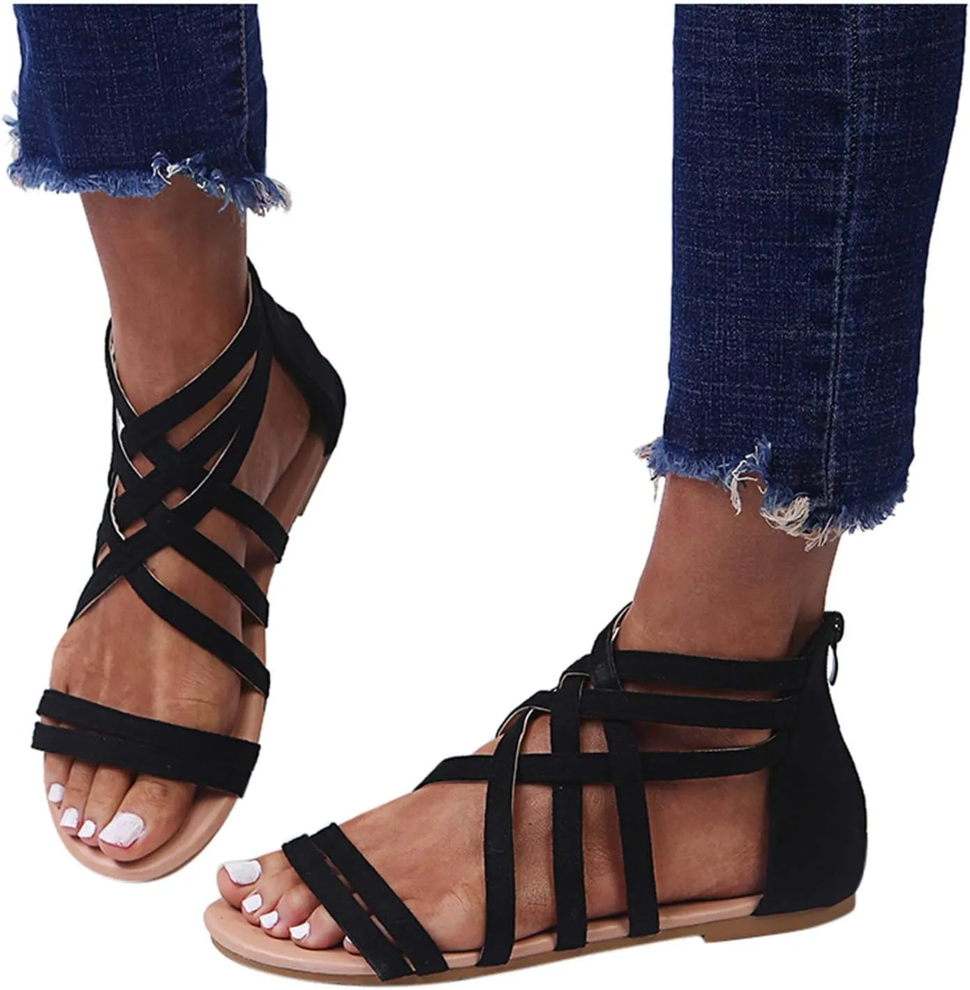 Women's Gladiator Sandals Summer Flat Thong Cross Strappy Sandals, Sandals Women Dressy Roman Shoes with Zipper Casual Sandals Comfortable
