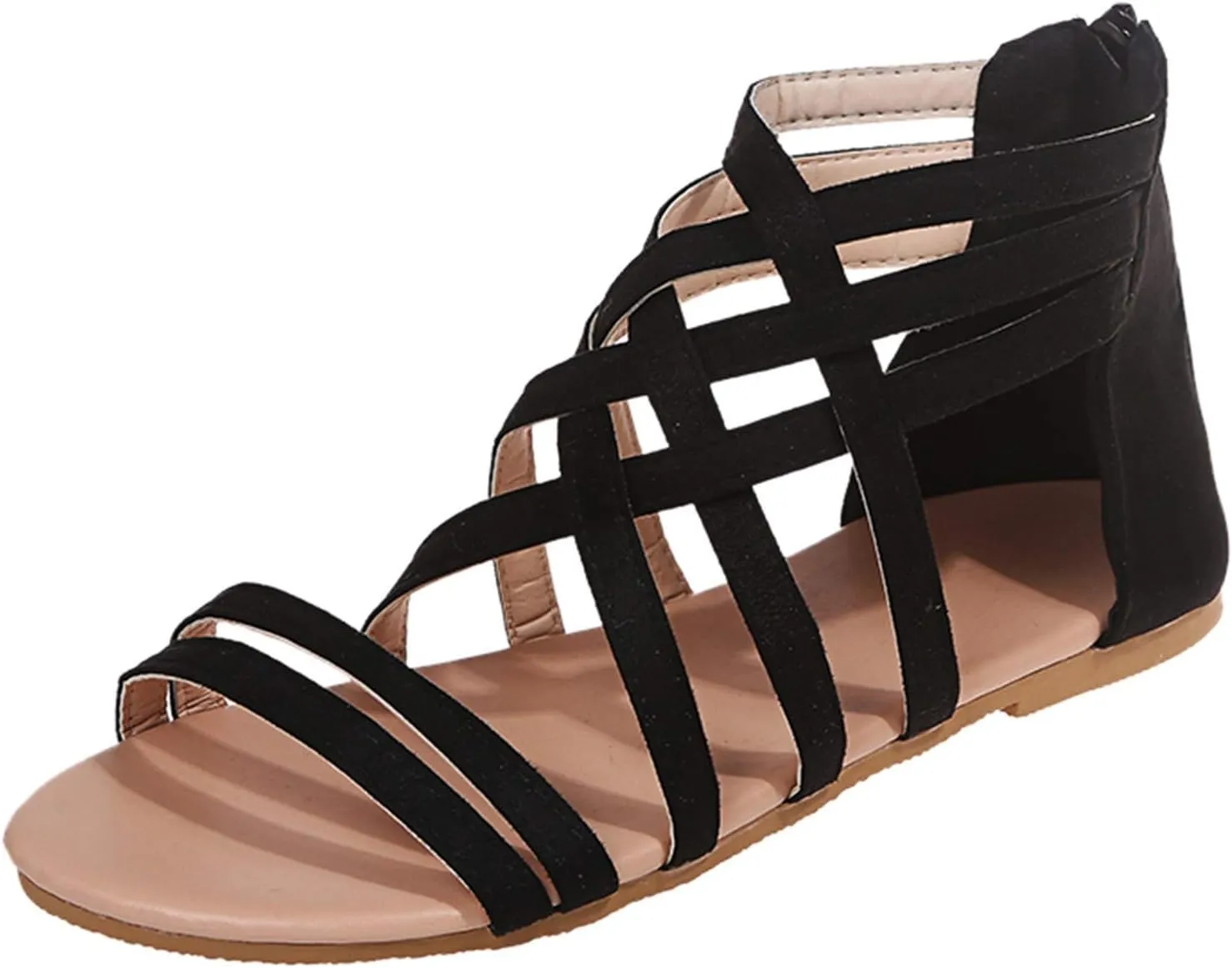 Women's Gladiator Sandals Summer Flat Thong Cross Strappy Sandals, Sandals Women Dressy Roman Shoes with Zipper Casual Sandals Comfortable