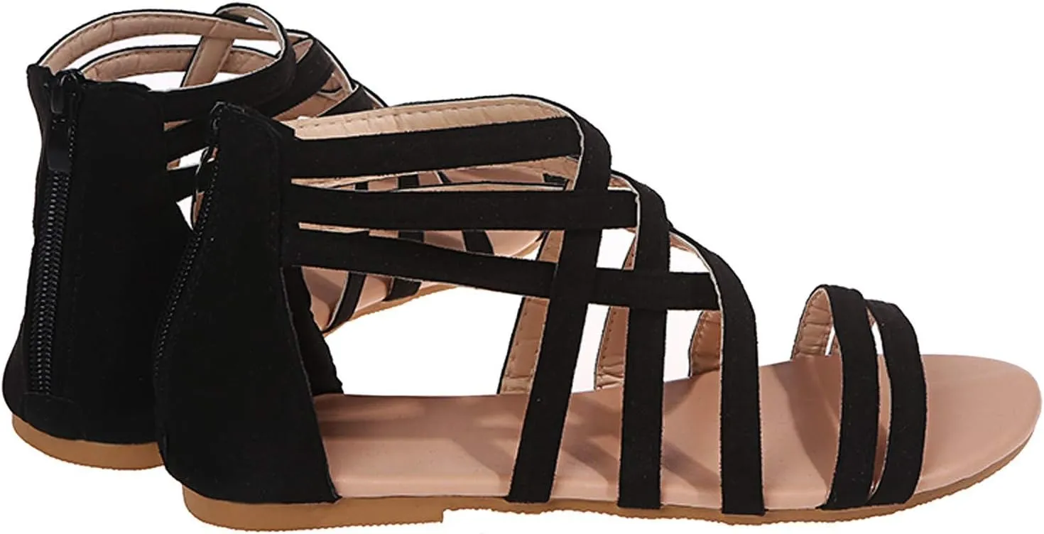 Women's Gladiator Sandals Summer Flat Thong Cross Strappy Sandals, Sandals Women Dressy Roman Shoes with Zipper Casual Sandals Comfortable
