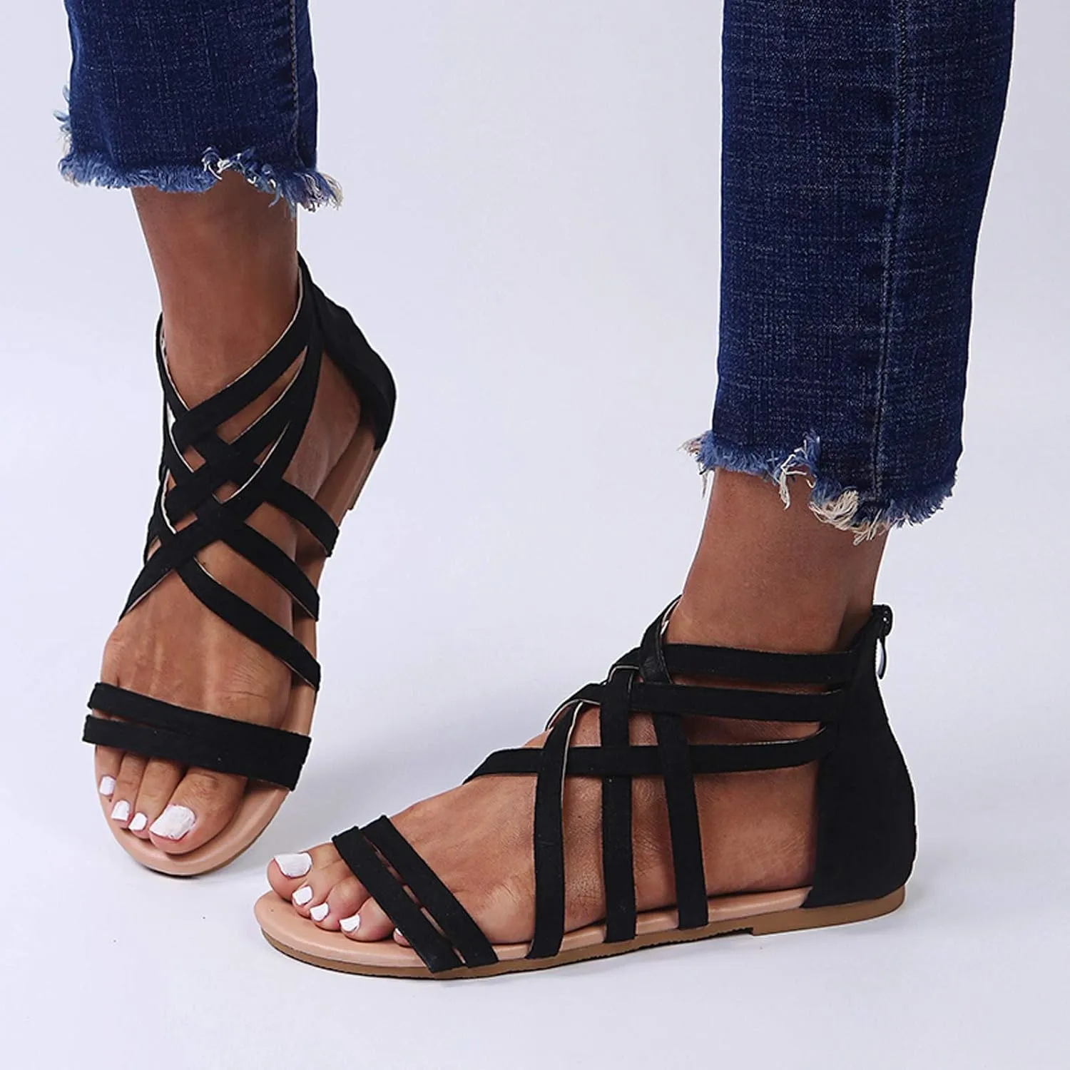 Women's Gladiator Sandals Summer Flat Thong Cross Strappy Sandals, Sandals Women Dressy Roman Shoes with Zipper Casual Sandals Comfortable