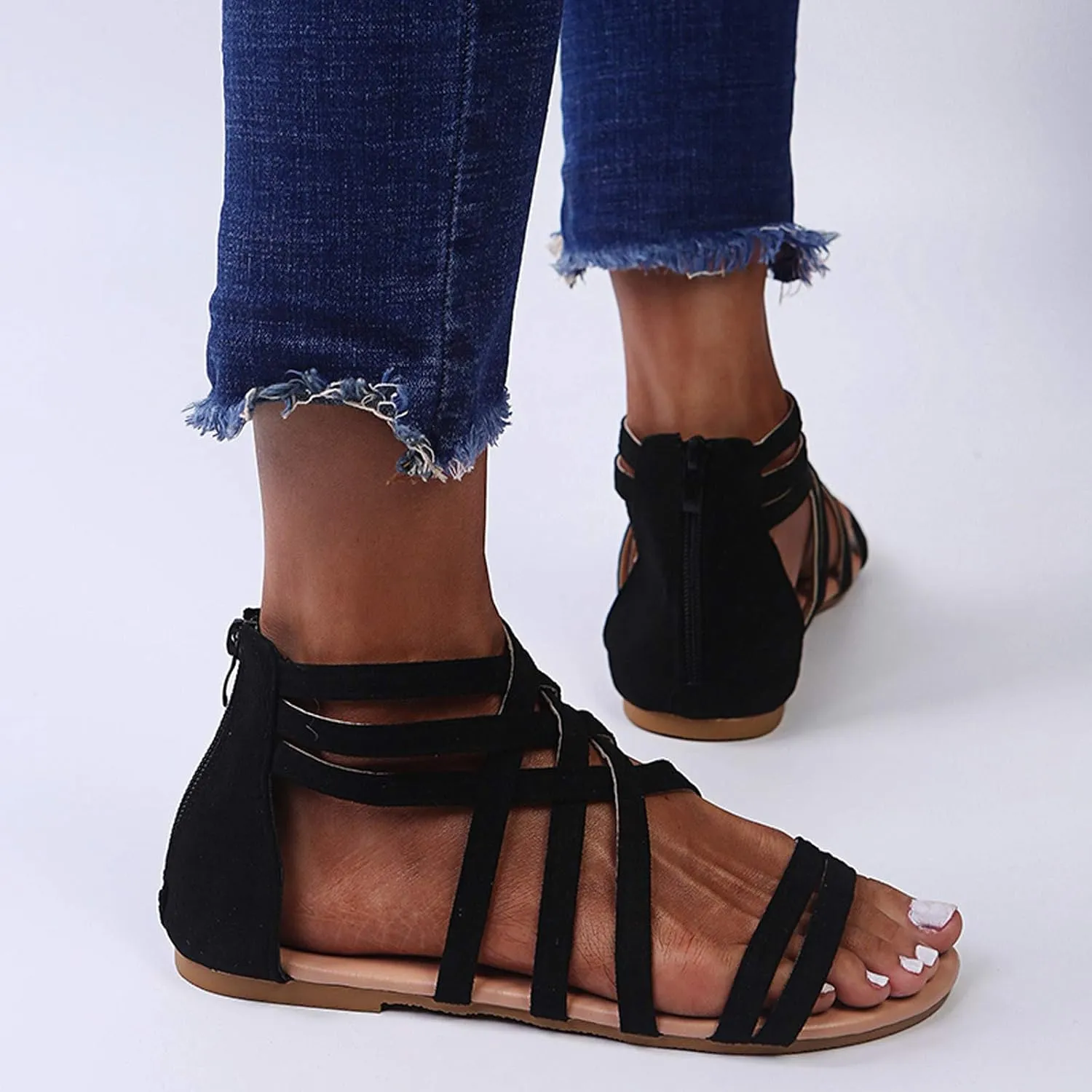Women's Gladiator Sandals Summer Flat Thong Cross Strappy Sandals, Sandals Women Dressy Roman Shoes with Zipper Casual Sandals Comfortable