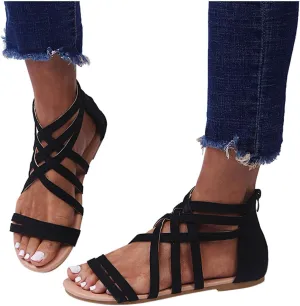 Women's Gladiator Sandals Summer Flat Thong Cross Strappy Sandals, Sandals Women Dressy Roman Shoes with Zipper Casual Sandals Comfortable