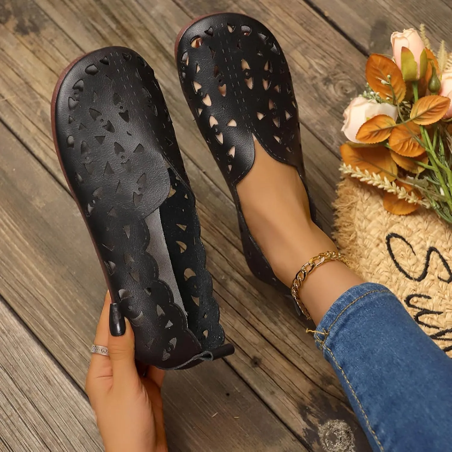 Women's Hollow Shallow Shoes Summer Breathable Single Shoe Casual Vintage Boho Slip on Loafer Flat Sandals