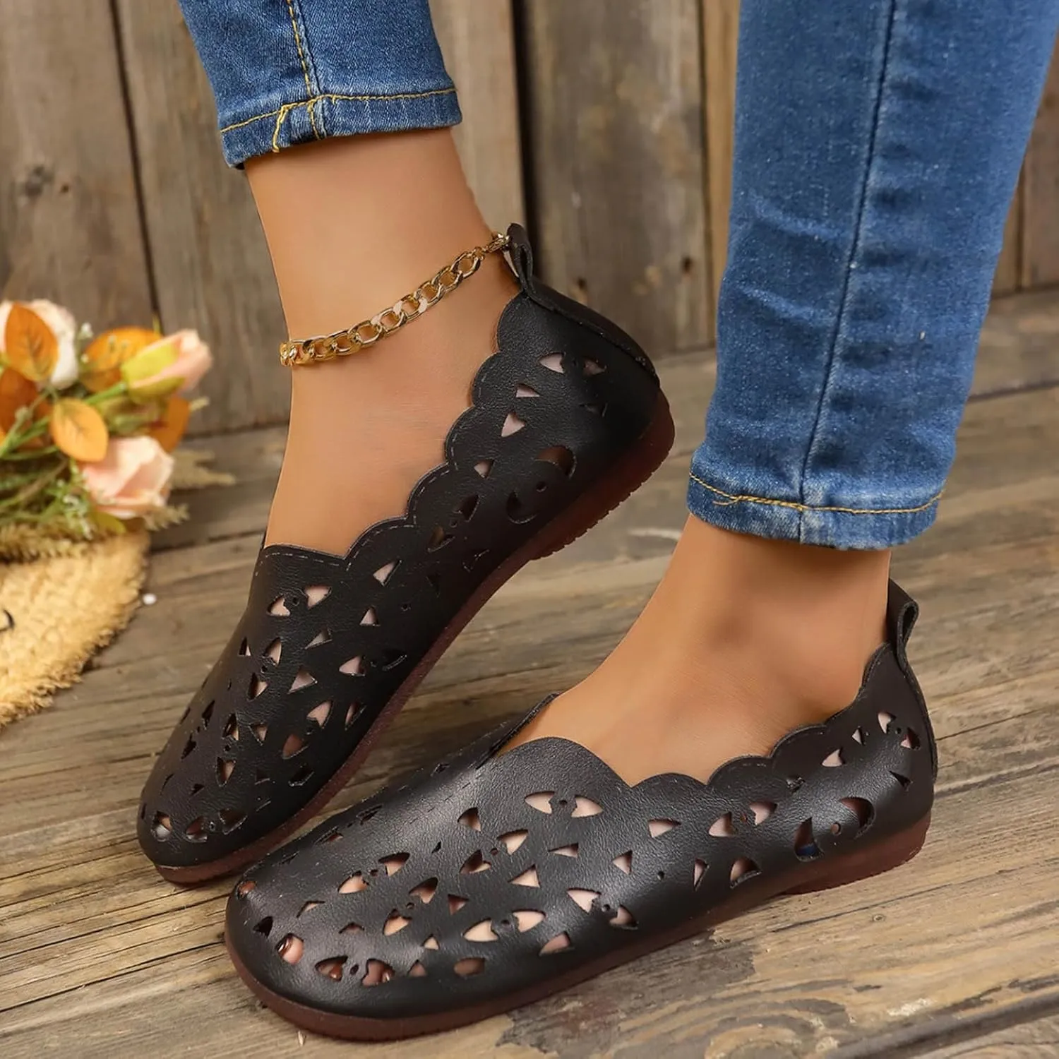 Women's Hollow Shallow Shoes Summer Breathable Single Shoe Casual Vintage Boho Slip on Loafer Flat Sandals