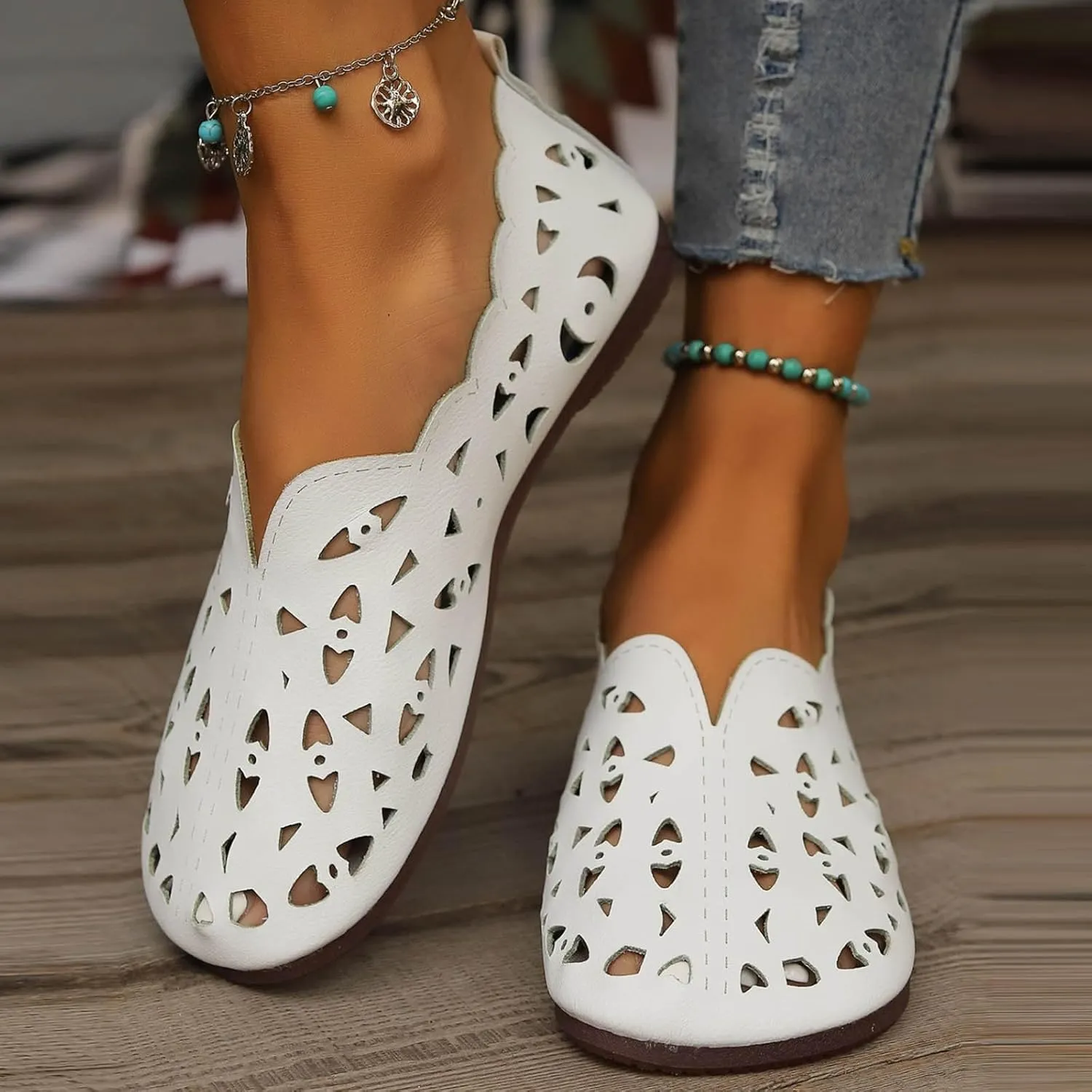 Women's Hollow Shallow Shoes Summer Breathable Single Shoe Casual Vintage Boho Slip on Loafer Flat Sandals