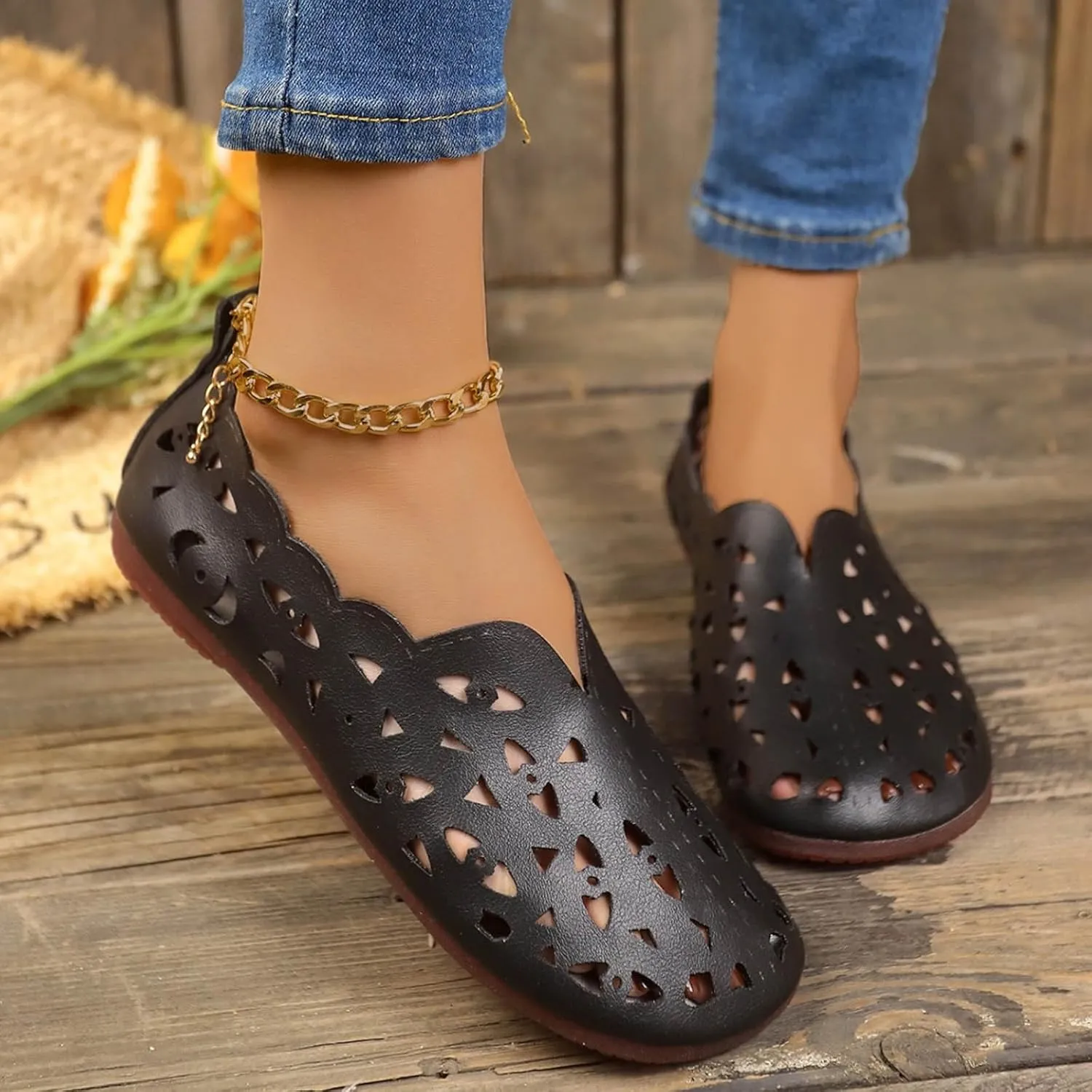 Women's Hollow Shallow Shoes Summer Breathable Single Shoe Casual Vintage Boho Slip on Loafer Flat Sandals