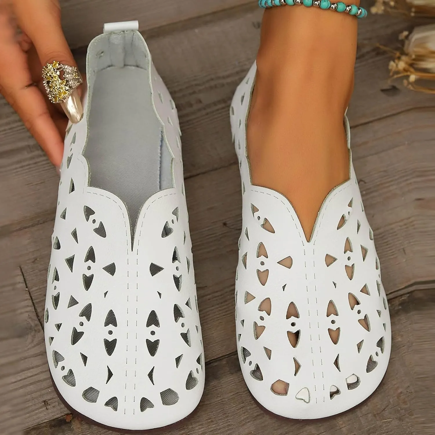 Women's Hollow Shallow Shoes Summer Breathable Single Shoe Casual Vintage Boho Slip on Loafer Flat Sandals