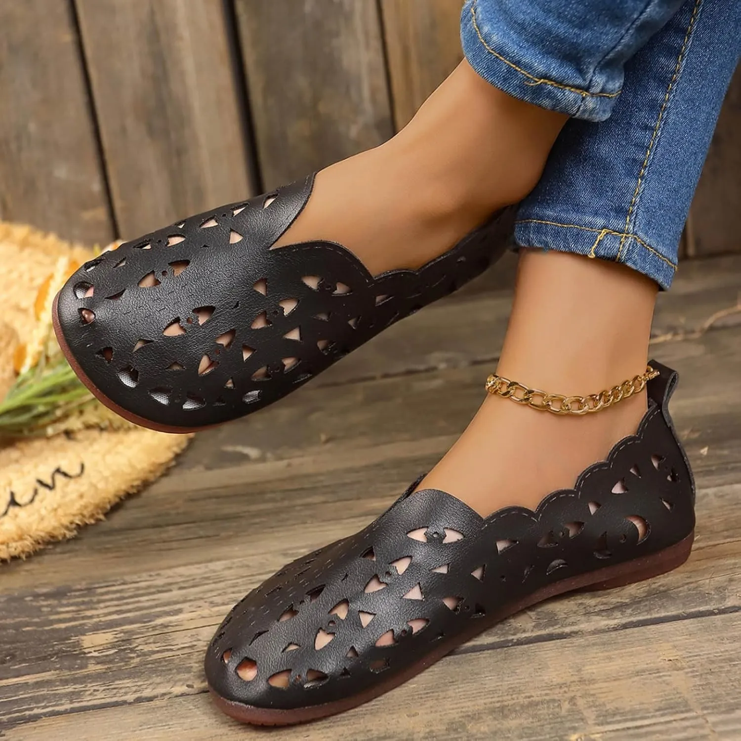 Women's Hollow Shallow Shoes Summer Breathable Single Shoe Casual Vintage Boho Slip on Loafer Flat Sandals