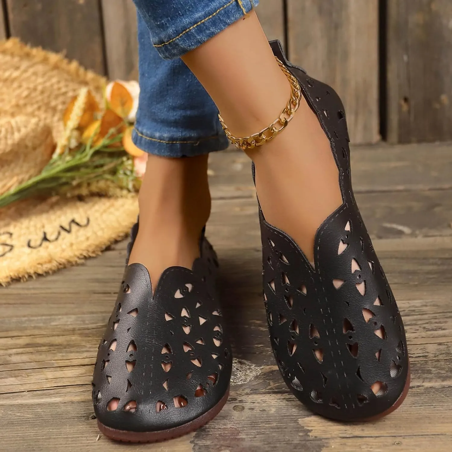 Women's Hollow Shallow Shoes Summer Breathable Single Shoe Casual Vintage Boho Slip on Loafer Flat Sandals
