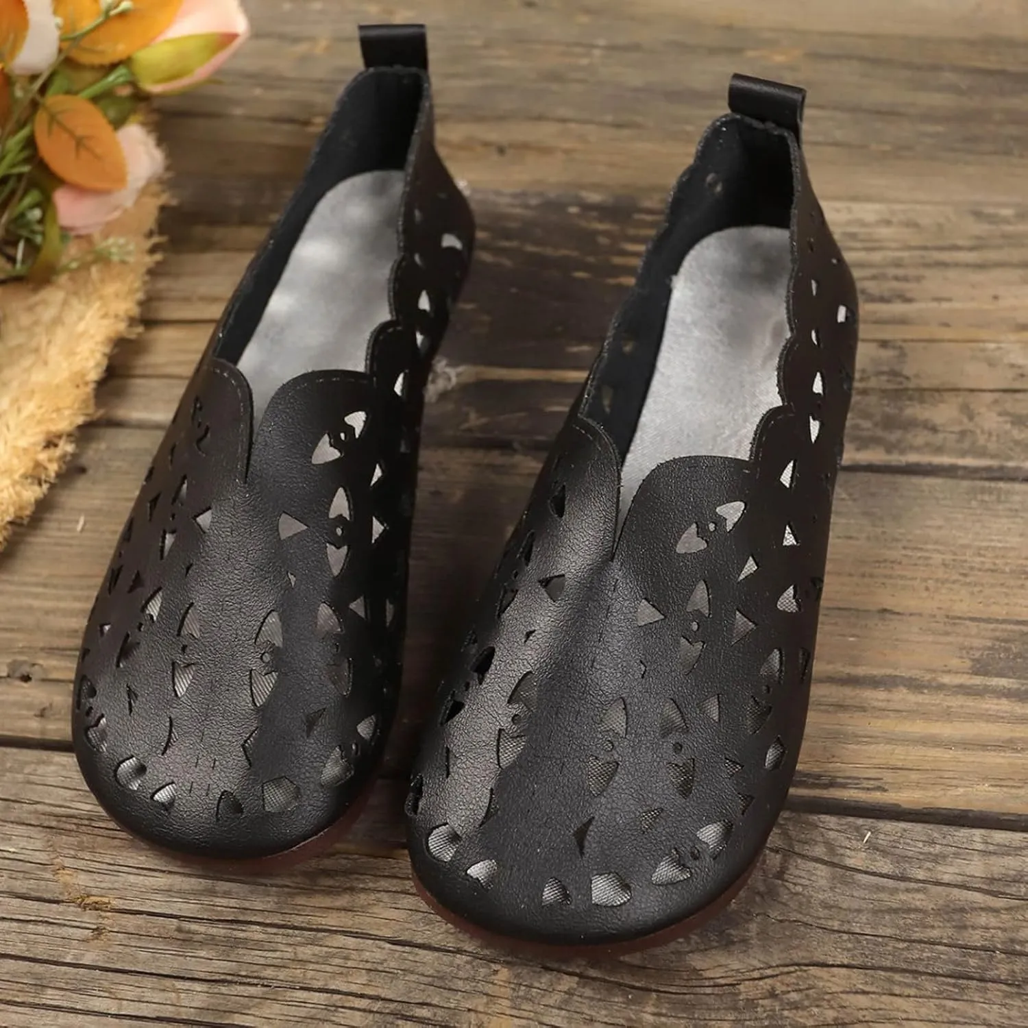 Women's Hollow Shallow Shoes Summer Breathable Single Shoe Casual Vintage Boho Slip on Loafer Flat Sandals