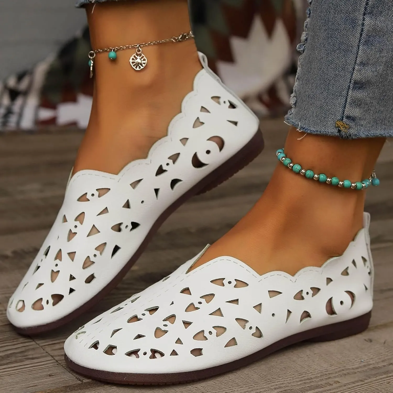 Women's Hollow Shallow Shoes Summer Breathable Single Shoe Casual Vintage Boho Slip on Loafer Flat Sandals